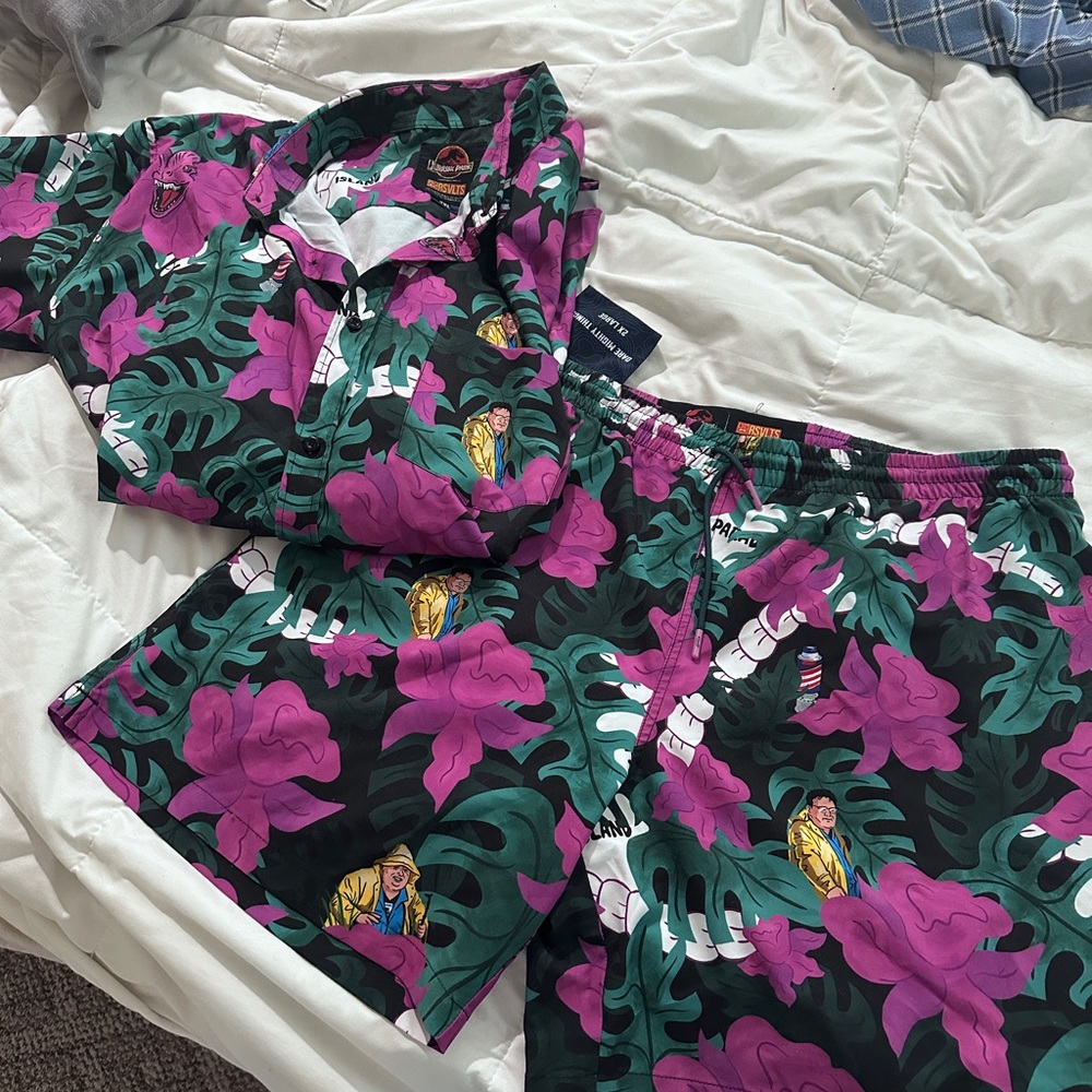 RSVLTS Black Shorts with Purple & Teal Tropical Print Jurassic Park themed
